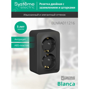 Розетка 2-м ОП Blanca 16А IP20 250В с заземл. защ. шторки с изолир. пластиной антрацит SE BLNRA011216