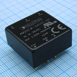 AM20CW-2403S-NZ, DC/DC, 20Вт, вход 9…36В, выход 3.3В/5А, изоляция 1500В DC, КПД 88%, максимальная емкостная нагрузка не более 10000мкФ, вход On/Off, 1x1", 25.4x25.4x11.7мм, -40…105°C, металл