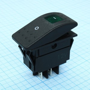 RK1-06N-12V зеленый, Выключатель клавишный ON-OFF с подсветкой (4c) 35А 12В