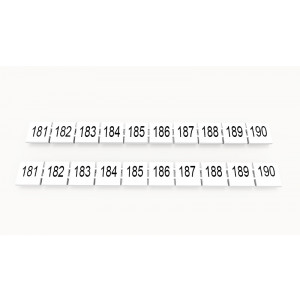 ZB10-10P-19-291Z(H), Маркировочные шильдики для клемм WS…, DC…, PC…, сечением 10 мм кв., центральная, 10 шильдиков нанесенные символы: 181-190, с вертикальным расположением, размер шильдика: 9,3х10,7 мм, цвет белый