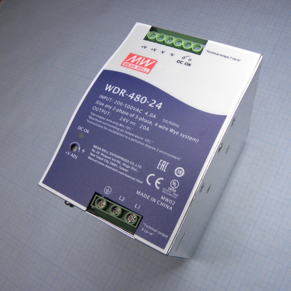 Изображение товара Преобразователь AC-DC WDR-480-24 на DIN-рейку, 480 Вт, 24 В, производство MEAN WELL