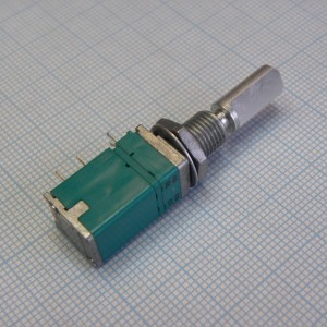 RK097111202P, одиночный, 10ком, обратно-логарифм. хар-ка, вал с лыской 25мм ф6мм, с фиксир. кнопкой, крепление на гайку 7мм