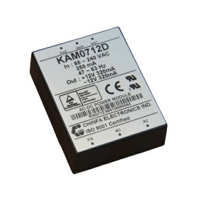 KAM0712D, AC-DC, 7Вт, 2 выхода ±12В/±0.32А,  вход 85…265VAC, 47…63Гц / 120...370VDC,  изоляция 3000V AC, в кожухе 58х45х18.5мм, -20…+50°С