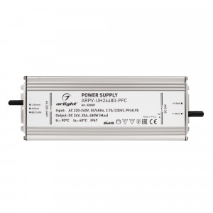 Блок питания ARPV-UH24480-PFC (24V, 20A, 480W) 028087, Источник напряжения с гальванической развязкой для светодиодных изделий. Входное напряжение 220-240 VAC. Выходные параметры: 24 В, 20 А, 480 Вт. Встроенный PFC >0,95. Герметичный алюминиевый корпус IP 67. Рабочая температура -40…+70C?. Габаритные размеры