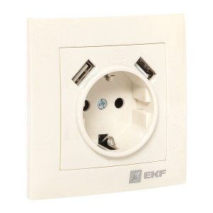 Валенсия розетка 1-местная с/з 16А кремовая с защ. штор. с 2 USB 2,1А PROxima EWR16-028-20-2USB