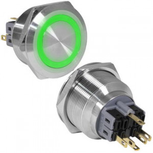 GQ30-11ZE/G/N ON-OFF+OFF-ON, Антивандальная кнопка металлическая с фиксацией и с подсветкой, посадочная резьба М30, контакты под пайку