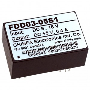 FDD03-05S1, DC-DC, 2Вт, вход 9…18В, выход 5В/400мА, изоляция 1500В DC, корпус DIP24, 31.8х20.3х12.7мм, -40°С…+71°С