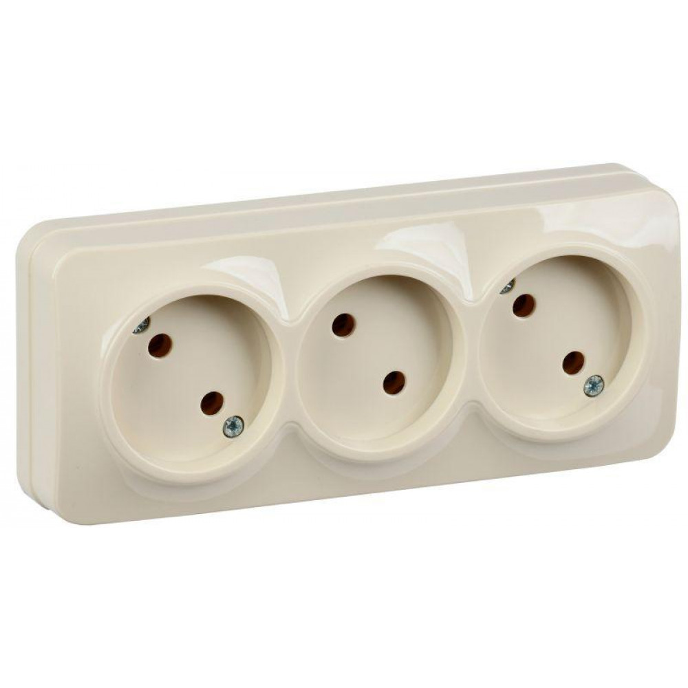 Изображение товара Розетка 3-м ОП GLORY РС23-2-ХК 10А без заземления кремовая монтажная