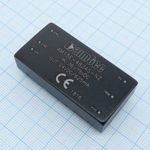 AM15E-4824S-NZ, DC/DC, 15Вт, вход 36…75В, выход 24В/0.62А, изоляция 1500В DC, КПД 89%, максимальная емкостная нагрузка не более 470мкФ, вход On/Off, 2x1", 50.8x25.4x11.8мм, -40…85°C, металл