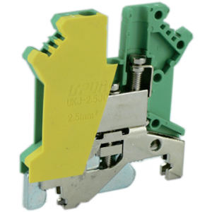 Заземляющая клемма UKJ-2.5JD, Заземляющая клемма, тип фиксации провода: винтовой, номинальное сечение: 2,5 мм кв., ширина: 5,2 мм, цвет: желто-зеленый, тип монтажа: DIN35
