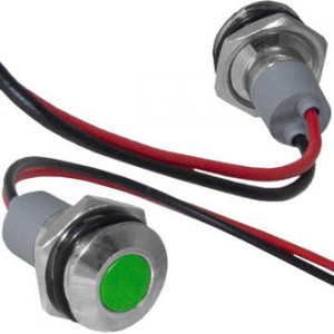 GQ12WF-G, Индикатор антивандальный, цвет зеленый, точечный излучатель, 12-24 В, 15 мА, гибкие выводы, никелированная латунь