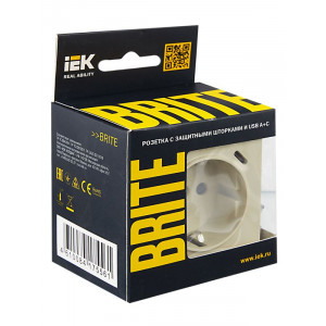 Розетка BRITE РЮш11-1-БрКр 16А с USB A+C 18Вт с заземл. защ. шторки беж. BR-R14-16-U22-018-K10