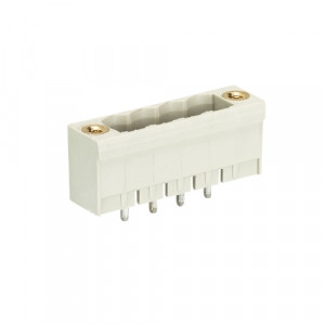 Вилочный разъем на плату 8113 S/4 GF M OB, Вилочный разъем, вертикальный, на плату, шаг: 5.0 мм, 4 полюса, фиксация на плате пайкой, исполнение: без маркировки, с монтажными фланцами, 300V, 12А, цвет: серый