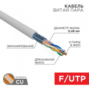Кабель витая пара, F/UTP, CAT 5е, PVC, 4PR, 24AWG, INDOOR, SOLID, серый, 305м