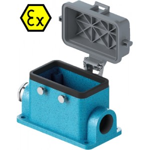 Закрытое основание разъема EX 70.341.1036.0, Основание разъема на панель, закрытое, типоразмер 10B, взрывозащищита, с уплотнителем, 1 кабельный ввод M20x1,5, IP54, с левым расположением, без защелок (упоры для двух защелок), с защитной крышкой, материал корпуса: цинковый сплав