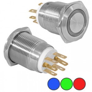 LAS1-GQ-11E/R ON-(ON), Кнопка антивандальная металлическая без фиксациии с кольцевой подсветкой, 5А 250В, резьба М19
