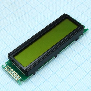 WH1602P-YYK-CTK#, ЖКИ знакосинтезирующий 16 x 2, STN Желто-зеленый Позитивный/прозрачно-отражающий светодиодная подсветка желто-зеленая размеры 85x25.2 мм, видимая область 66x16 мм, -20...70°C, контактные площадки слева 2 ряда 14 выводов