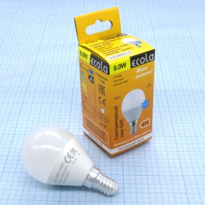Лампа LED Ecola  8W тепл. шар (265), E14,2700k,78*45,G45,композит,K4GW80ELC