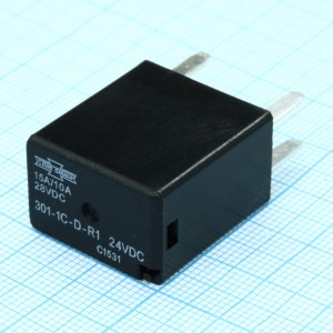 301-1C-D-R1 24VDC, Реле автомобильное. Упр.: 24VDC, Потр. мощн.: 1.2W. Резистор 2700Ом, Комм.:15А 28VDC, конт.: 1 перекидной, размер (LxWxH) мм: 22.5 х 15.0 х 25.0