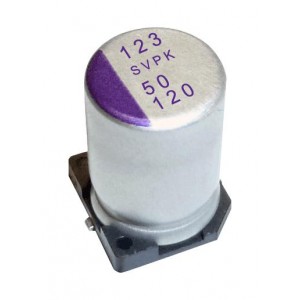50SVPK120M, Конденсатор алюминиевый полимерный 120мкФ 50В ±20% ( 10х12.6мм) для поверхностного монтажа 0.02Ом 1350мА 1000час 125°С лента на катушке