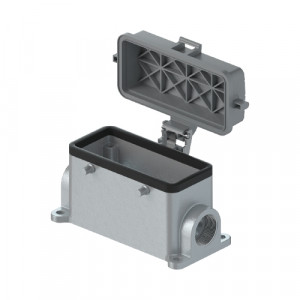 Закрытое основание разъема BAS GUT GF 24 M25 A1, Основание разъема на панель, закрытое, типоразмер 24B, с уплотнителем, 2 отверстия с резьбой для кабельных вводов M25x1,5, без защелок (упоры для двух защелок), с защитной крышкой, материал корпуса: алюминиевый сплав