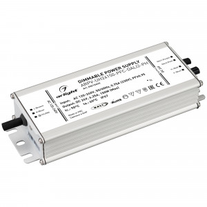 Блок питания ARPV-UH24150-PFC-DALI2-PH (24V, 6.3A, 150W) 026126(2), Диммируемый источник напряжения по протоколу DALI2.0 с гальванической развязкой для светодиодных изделий. Входное напряжение 120-240 VAC. Выходные параметры: 24 В, 6.3А, 150 Вт. Встроенный PFC >0.95. Герметичный алюминиевый корпус IP 67.