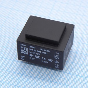 BV EI 302 3021, Трансформатор питания 1.8ВА 230В 7.5В/120мА ta 40 C/F (EI 30/10.5)21.8мм