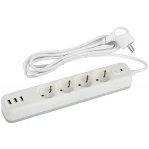 Сетевой фильтр SFE430-3xUSBA-W с базовой защитой с заземлением с выключателем 4 розетки+3xUSBA 3,1A 3м 10А белый Б0059228