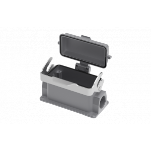 Закрытое основание разъема S16B-SM-1L.M-2M25-PC, Основание разъема на панель, закрытое, типоразмер 16B, с уплотнителем, 2 отверстия с резьбой для кабельных вводов M25x1,5, с одной защелкой, с защитной крышкой, материал корпуса: алюминиевый сплав