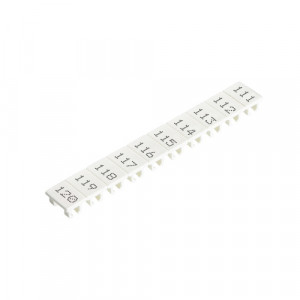 Маркировка для клемм (полоска) 9705A/8/10 B 111-120, Маркировочные шильдики, для клемм сечением 6 мм.кв., боковая / верхняя, 10 шильдиков, нанесенные символы: 111...120, с горизонтальным расположением, размер шильдика: 5,75 x 8,3 мм, цвет: белый