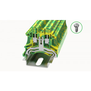 Заземляющая клемма DC2.5-PE-01P-1C-02Z(H), Заземляющая клемма, тип фиксации провода: винтовой, номинальное сечение: 2.5 мм кв., ширина: 5,1 мм, цвет: желто-зеленый, тип монтажа: DIN35, винт: крест / шлиц,