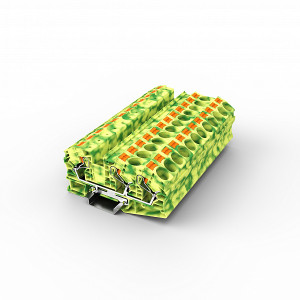 Заземляющая клемма UPT-16/1-2PE, Заземляющая клемма, 3 точки подключения, тип фиксации провода: Push-in, номинальное сечение: 16 мм кв., 1000V, ширина: 12,2 мм, цвет: желто-зеленый, тип монтажа: DIN35