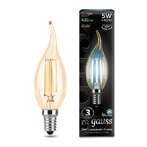 Лампа Gauss LED Filament Candle tailed E14 5W 4100K Golden 1/10/50 (кр.10шт) [104801805]