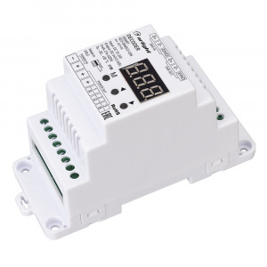Декодер SMART-K23-DMX512-DIN (12-24V, 3x6A) 027126, Декодер DMX512 для трансляции DMX512 сигнала ШИМ(PWM) устройствам. Питание 12-24VDC. 3 канала, ток нагрузки 3x6A, мощность нагрузки 216-432W. Входной сигнал DMX512, выходной сигнал ШИМ(PWM). Цифровой дисплей на корпусе, адрес устанавливается с помощью кно
