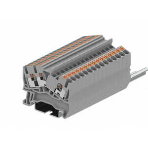Проходная клемма TPS2.5-3-GY, Проходная клемма, угловая, 3 точки подключения, тип фиксации провода: Push-in, номинальное сечение: 2,5 мм кв., 24A, 800V, ширина: 5,2 мм, цвет: серый, тип монтажа: DIN35