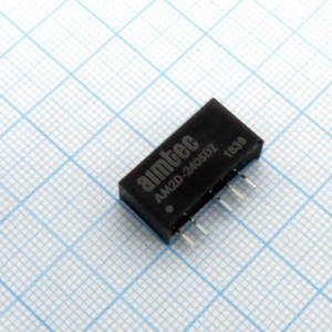 AM2D-2405DZ, DC/DC, 2Вт, вход 21.6…26.4В, выход ±5В/±0.2А, изоляция 1000В DC, КПД 75%, максимальная емкостная нагрузка не более ±220мкФ, SIP7, 19.5x6x10мм, -40…85°C, пластик