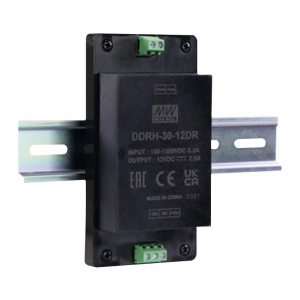 DDRH-30-12DR, DC-DC, 30Вт, вход 150…1500 В DC, выход 12В/2.5А, КПД=85%, изоляция 4000В DC, на DIN-рейку, 89x63.5x25мм, -40...+80°С