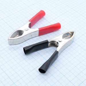 Зажим крокодил 8-0039 кр/чер (пара) 35А, Зажим типа крокодил черный/красный (ПАРА) с изоляторами,под пайку/обжим, 35А