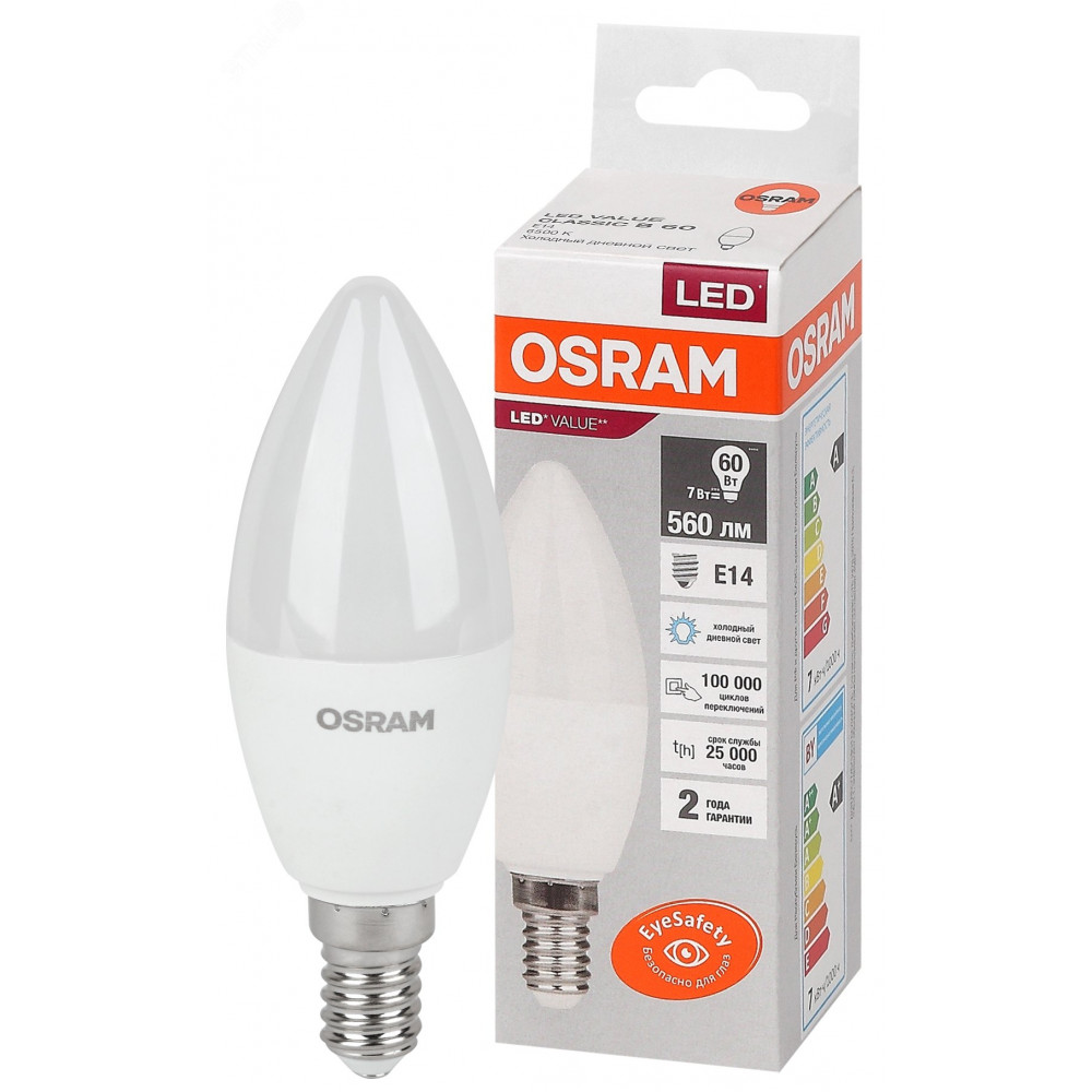 Изображение товара Светодиодная лампа OSRAM LED Value LVCLB60 7Вт свеча E14 6500K