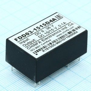 FDD03-1515D4A, DC-DC, 3Вт, вход 9…36В, 2 выхода 15В/100мА, изоляция 1500В DC, remote on/off, корпус DIP24, 31.8х20.3х12.7мм, -40°С…+71°С