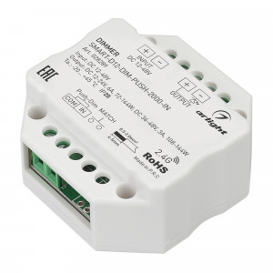 Диммер SMART-D12-DIM-PUSH-2000-IN (12-48V, 1x6A, 2.4G) 028289, Диммер для монохромной светодиодной ленты (ШИМ) с функцией Push-Dim. Питание/рабочее напряжение 12-24VDC, максимальный ток 6A на канал при напряжении (DC12-24V) и 3А на канал при напряжении (DC36-48V), 1 канал. Максимальная мощность для 12-24V - 72-144W,