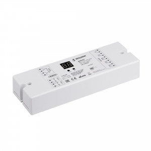 INTELLIGENT ARLIGHT Диммер DALI-104-PD-SUF (12-36V, 4х8А) 026504, Мощный DALI диммер на 4 адреса, для одноцветных или RGBW светодиодных лент, 4 асинхронных канала. Управляется сигналом DALI или кнопками PUSH DIM. Питание\выход 12-36 VDC. Высокая частота ШИМ 1500Гц. Макс.ток 4x8A. Размеры 168x58x28 мм.