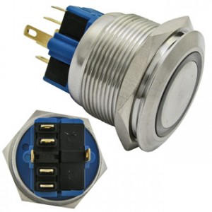 GQ25-11E/B  ON-(OFF)+OFF-(ON), Антивандальная кнопка металлическая без фиксации с кольцевой подсветкой, посадочная резьба М25, контакты под пайку