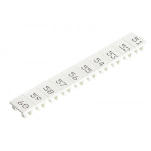 Маркировка для клемм (полоска) 9705A/6/10 B 51- 60, Маркировочные шильдики, для клемм сечением 4 мм.кв., боковая / верхняя, 10 шильдиков, нанесенные символы: 51...60, с горизонтальным расположением, размер шильдика: 5,75 x 8,3 мм, цвет: белый