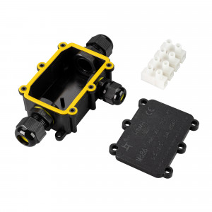 Коробка распределительная NEO-GERM-3-WTW (5-9mm) 030762, Коробка распределительная пластиковая с тремя выходами для соединения проводов диаметром 5-9 мм, сечением 0,5-2,5 мм2. Номинальный ток 24 А. Номинальное напряжение 450 В. Цвет черный. Степень защиты IP68. Рабочая температура -20 +80°С. Подключение питания