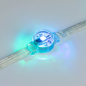 Модуль управляемый DMX-B1-D20 12V RGB (0.3W, IP68, 120 deg) 036777, Управляемый светодиодный модуль DMX, RGB, микросхема GS8512, напряжение 12 В, мощность 0.3 Вт, 1 светодиод SMD 5060, угол 120°. Создание медиафасадов, 20 шт на проводе, расстояние между центрами модулей 105 мм, длина провода между модулями 75 мм. Степень