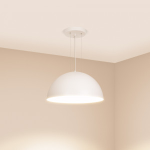 Светильник SP-RESTO-HANG-R500-30W Warm3000 (WH, 100 deg, 230V) 039697, Подвесной светильник. Мощность 30 Вт, св. поток 1900 лм, 55 лм/Вт, теплый 3000 K, CRI>90, угол 100°, напряжение питания 230 В. Белый круглый корпус из алюминия, степень защиты IP20. Размер: диаметр 500 мм, высота 250 мм, размер чаши: диаметр 200 мм, высот