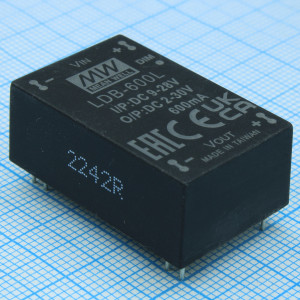 LDB-600L, DC/DC LED повышающий/понижающий, вход 9…28В, выход 2…30В/0.6А, КПД до 91%, вход On/Off/DIMM, 31.8x20.3x12.2мм, DIP, -40…60°C, пластик