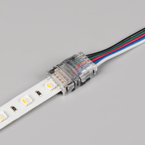 Коннектор HIP-RGBW-12-5pin-STW 032012, Одиночный коннектор (без провода) для подключения питания к открытым лентам RGBW шириной 12 мм. Очистка провода питания (0,5-1,0 мм2) от изоляции не требуется. Материал - прозрачный пластик. Максимальный допустимый ток 3 А, напряжение 3-24 В,