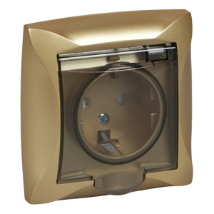 ДУЭТ РОЗЕТКА с заземлением со шторками с крышкой, 16А, IP20, в сборе, ШАМПАНЬ C3(6) WDE000446